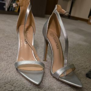 Boohoo Metallic Silver Strappy Heels